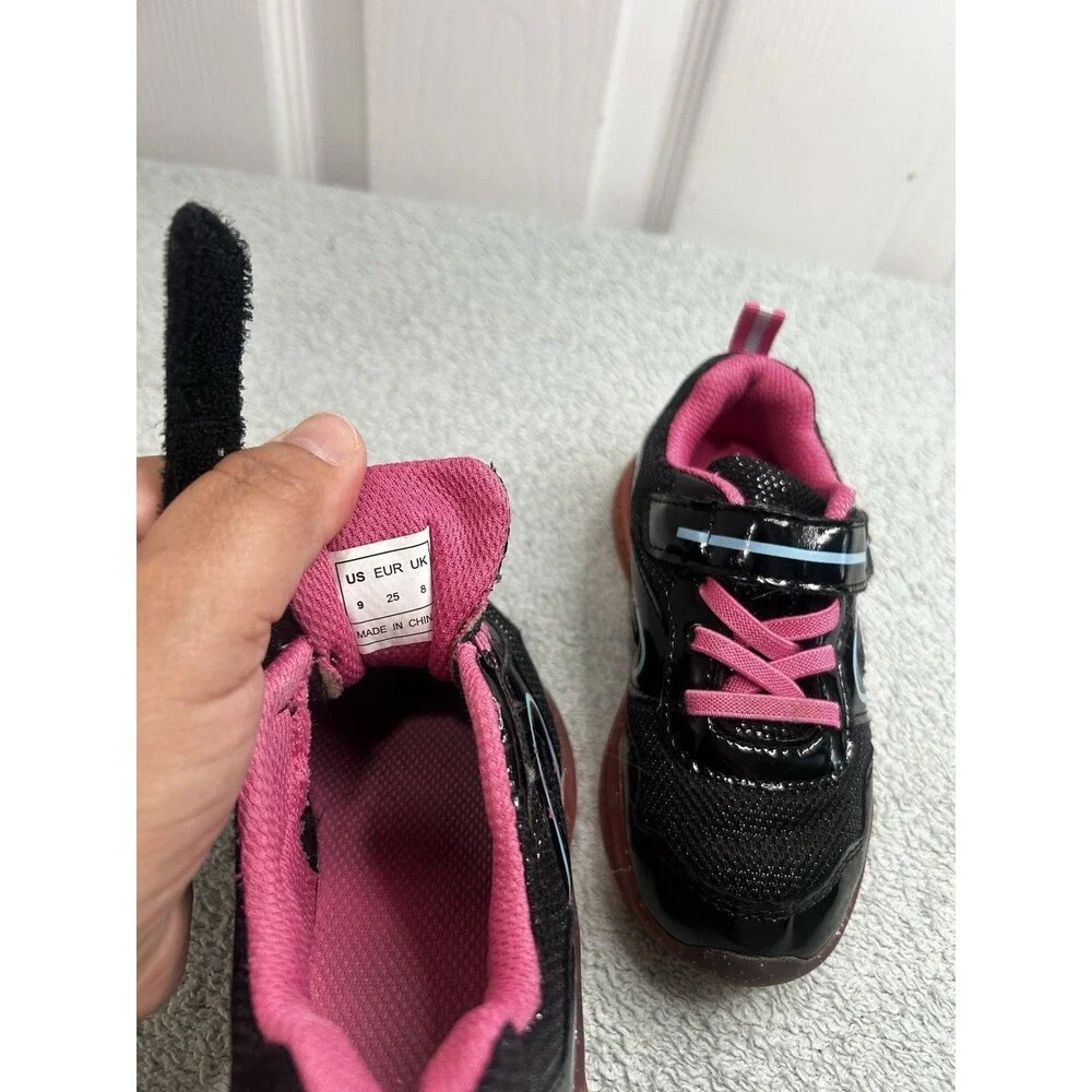 Girls Light-Up Sneakers Black Pink Glitter Sole Hook & Loop Size 9 Toddler